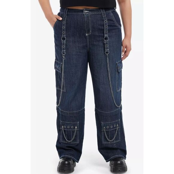 Hot Topic Dark Blue Grommets & Chains Wide-Leg Jeans Plus Size 18 Nwot - Picture 1 of 8